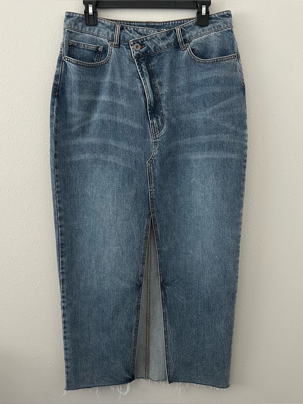 The Normal Brand Blue Jean Denim Hi-Rise Midi Skirt Women’s 30 Raw Hem Slit